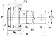 螺栓型滾輪 PWKRE52-2RS, 軸向引導(dǎo)，滿裝圓柱滾子，帶偏心擋圈，兩側(cè)唇密封