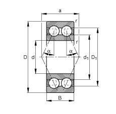 角接觸球軸承 3808-B-TVH, 雙列，接觸角 α = 25°